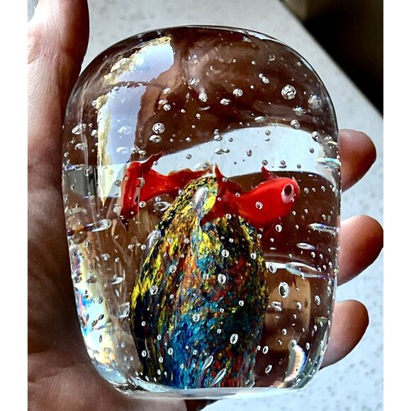 Handcrafted Blown Glass Paperweight With Colorful Fish & Bucillante Bubbles Gift - Picture 11 of 11